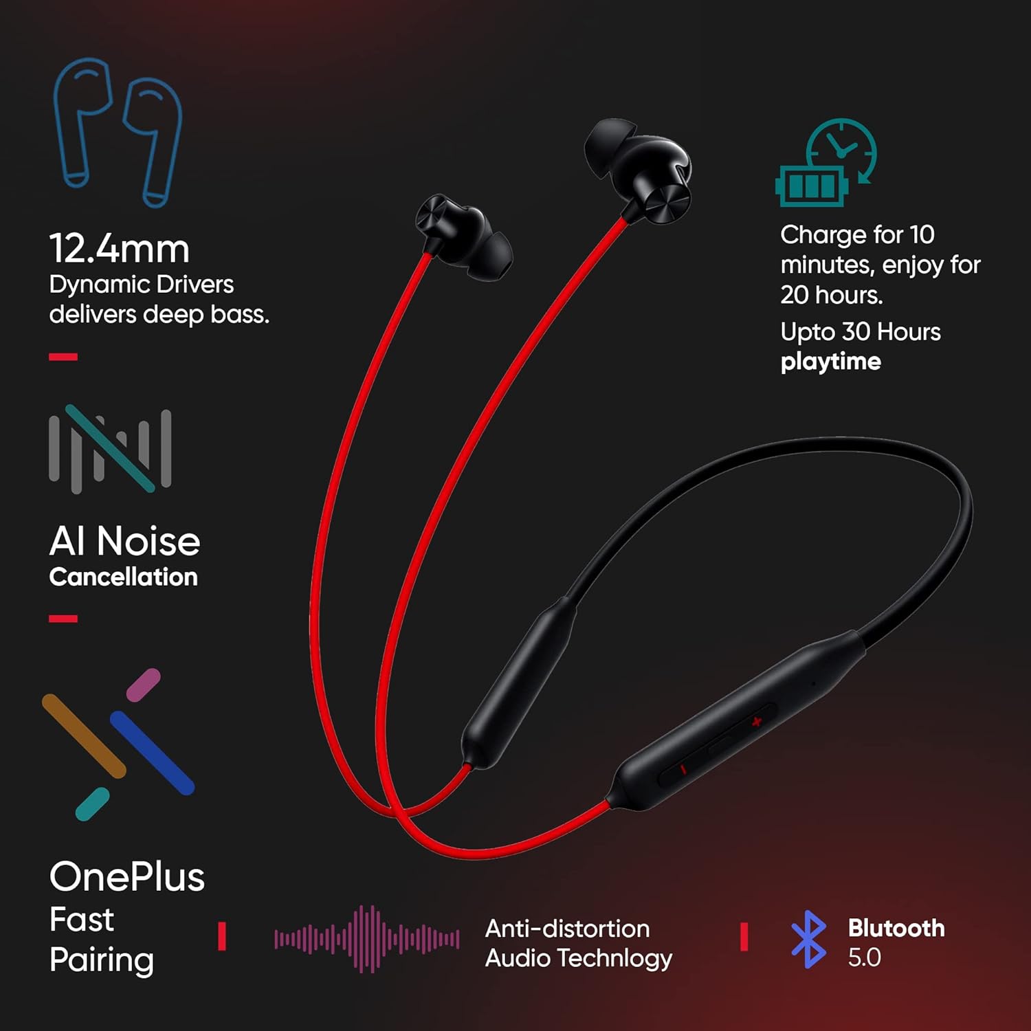 Oneplus Bullets Z2 Bluetooth Wireless in Ear Earphones with Mic, Bombastic Bass - 12.4 Mm Drivers, 10 Mins Charge - 20 Hrs Music, 30 Hrs Battery Life (Magico Black)