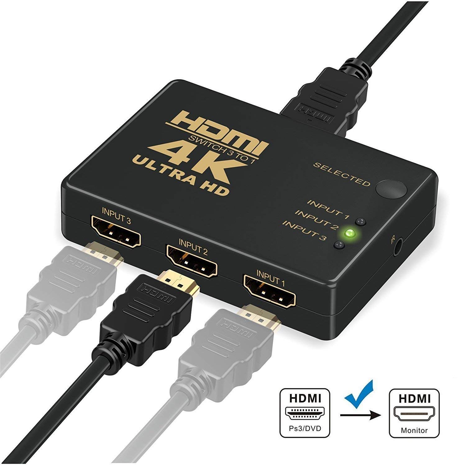 HDMI Switcher 4K (3x1) with PIP & IR Remote Control Multiple Devices on a Single Screen, Supports 4K UHD & Full HD 1080p for Bluray, PVR/Netflix/Roku/Kodi Box, PS4/PS3