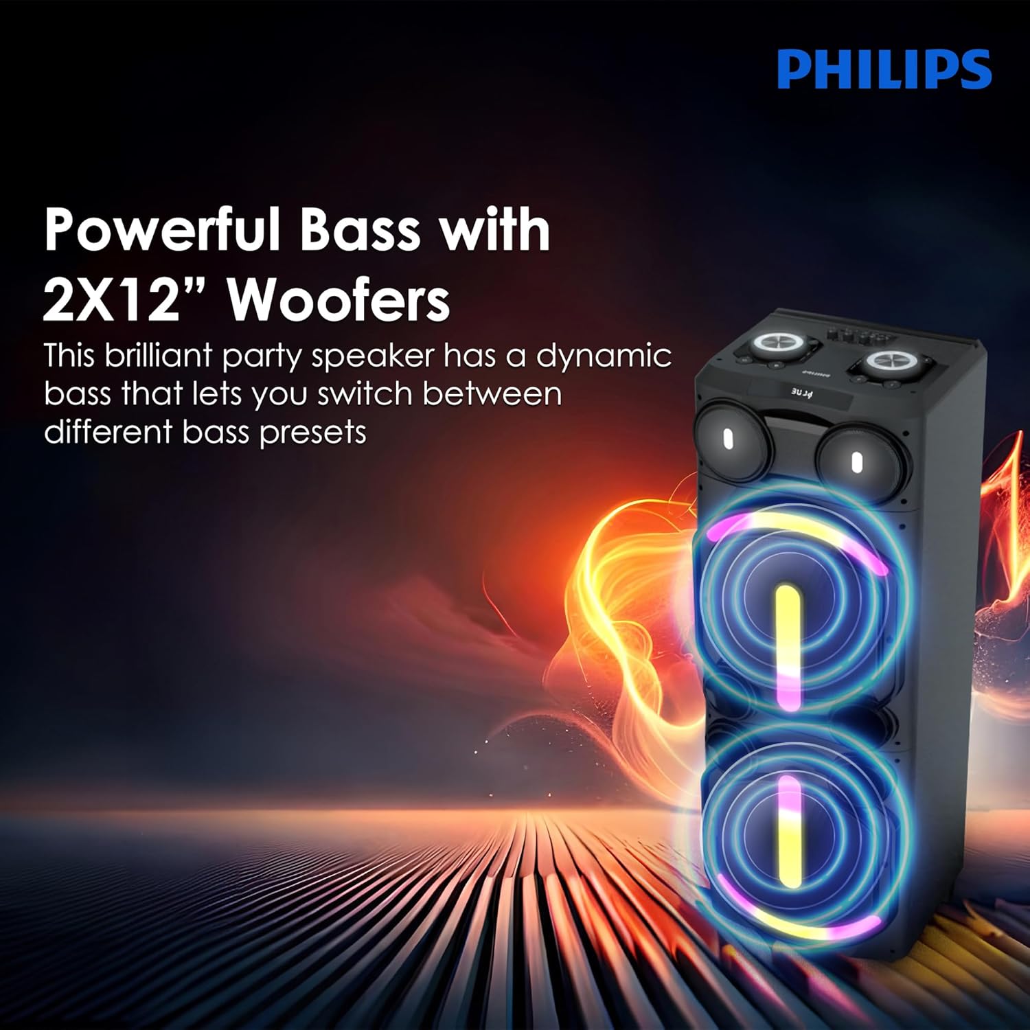 Philips TAX5708 Bluetooth Party Speaker – 400W Max Output, Dynamic Bass Boost, Karaoke, Guitar/Mic Support, Multipoint Connectivity, Party Lights, Handle with Wheels