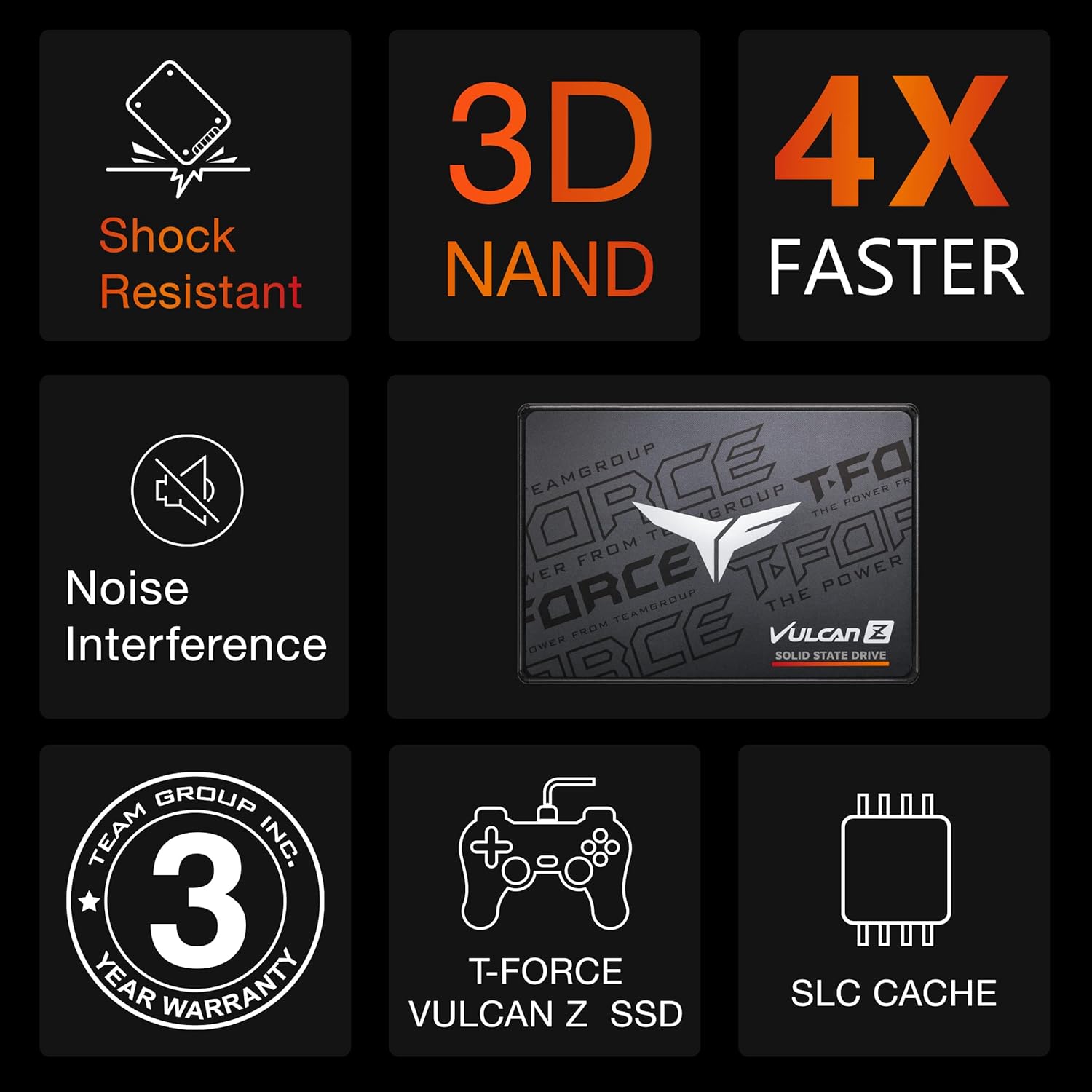 TeamGroup T-Force Vulcan Z Gaming SSD, Sata III 6Gbps Interface, SLC Cache, 3D NAND TLC, 2.5 Inch Form Factor, Internal Solid State Drive, High Performance, Low Latency