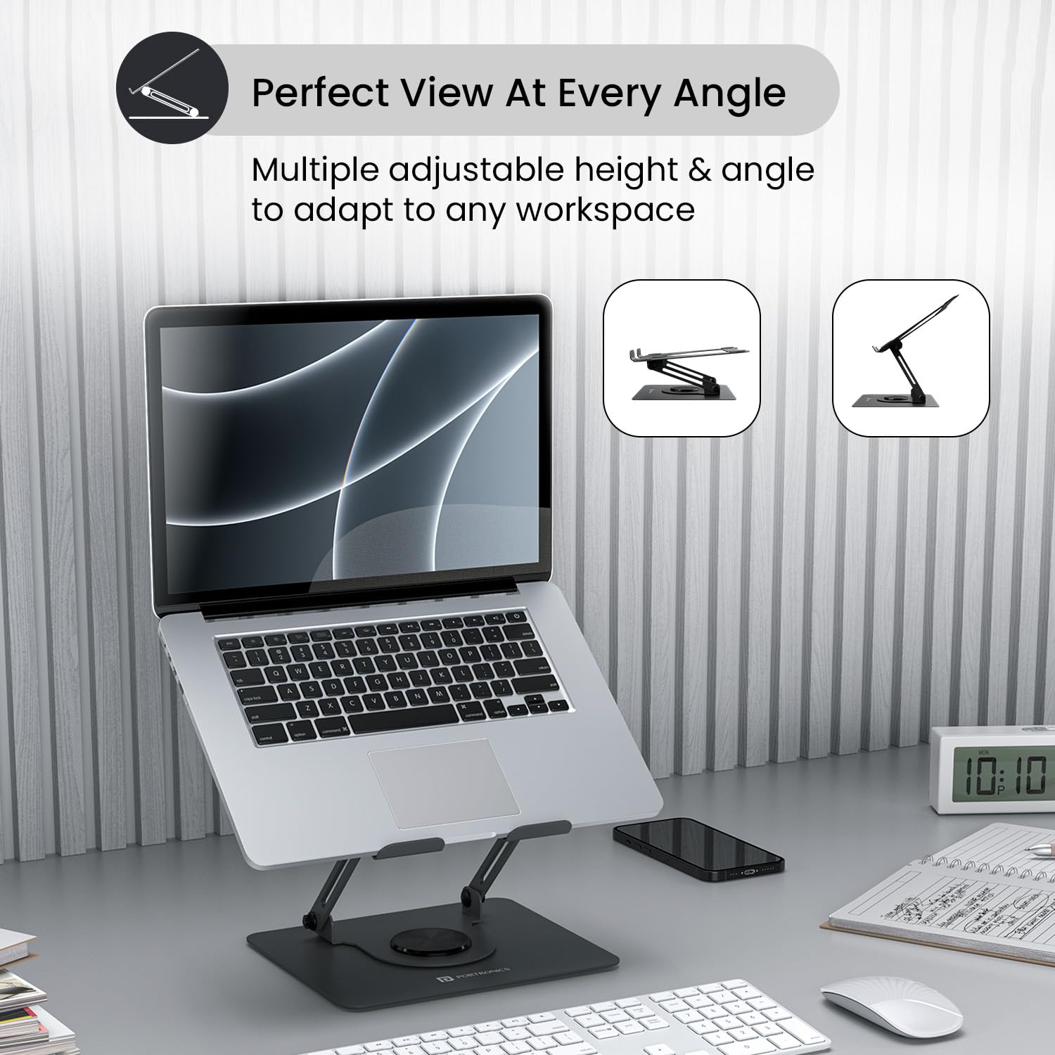 Portronics My Buddy K11, Foldable Metal Laptop Stand with 360° Rotation, Adjustable Height and Angle, Ventilated Design, Carbon Steel Build for Laptops & MacBooks (Black)