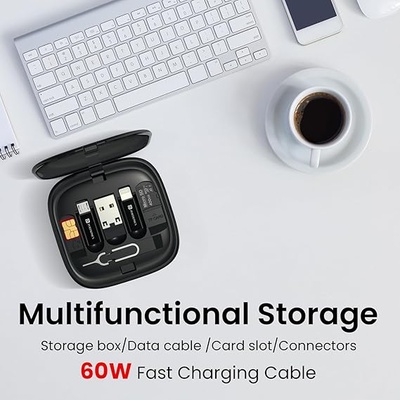 Portronics Snapcase 2 60W Multifunctional Fast Charging Data Cable Kit with Type C to Type C Retractable Cable, Conversion Set USB A & Type C to Male Micro/Type C/Lightning,Sim Storage,Sim Eject Pin