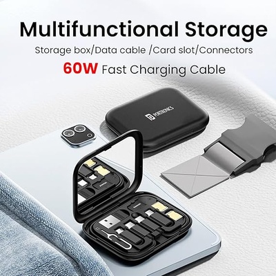 Portronics Snapcase 60W Multifunctional Fast Charging Data Cable Kit, Conversion Set USB A & Type C to Male Micro/Type C/Lightning,Data Transfer,Sim Storage,Sim Eject Pin,Pocket Mirror,Phone Holder