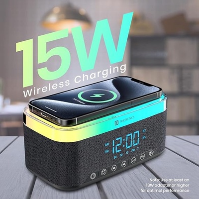 Portronics Trifusion 16W HD Sound Bluetooth Speaker with 15W Wireless Charging, 360°RGB LED Lights, Digital Clock with Alarm Setting, Built-in White Noise, USB/SD Card/AUX in, Type C Charging(Black)