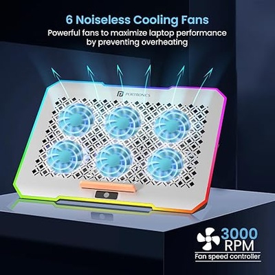 Portronics My Buddy Air Pro Laptop Cooling Pad with 6 Cooling Fans, 5-Level Angle & Height Adjustable, 10 RGB Light Modes, Mobile Stand, USB Powered, for Upto 17 Inch Laptops (Grey)