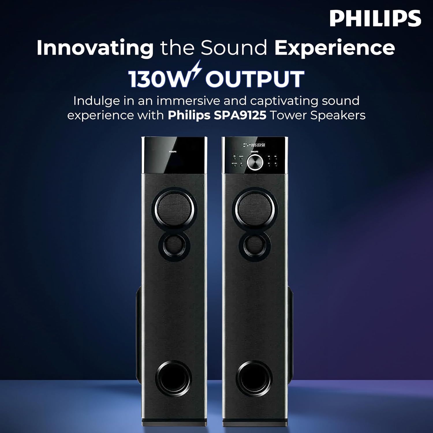 Philips Audio SPA9125 2.0CH 130W Multimedia Tower Speakers with Wireless Microphone – USB, AUX, FM, Mic Inputs & Powerful Bass for Karaoke (Black)