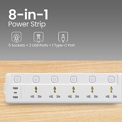 Portronics Power Plate 20 Extension Board with 5 Universal Power Sockets, 3 Meter Long Cord, 2500W Power Extender, 6 Individual Power Switches