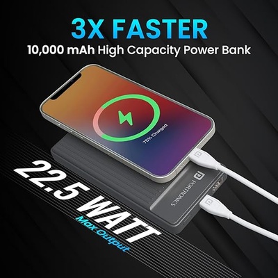 Portronics Luxcell B 10K 10000 mAh 22.5W Fast Charging Power Bank, Ultra Slim Power Bank with Mach USB-A Output, Type C PD Output, Type C Input, Wake Up Button