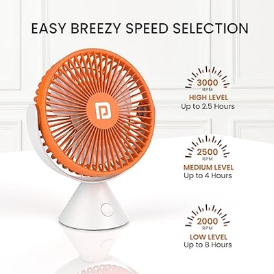 Portronics Aero Breeze Portable table Fan 178mm, USB Rechargeable Fan, 3 Speed Airflow, Battery Powered Silent Operation, 4 Hours Back Up, 360° Rotatable USB Fan, BLDC Fan for Kitchen,Office,Home