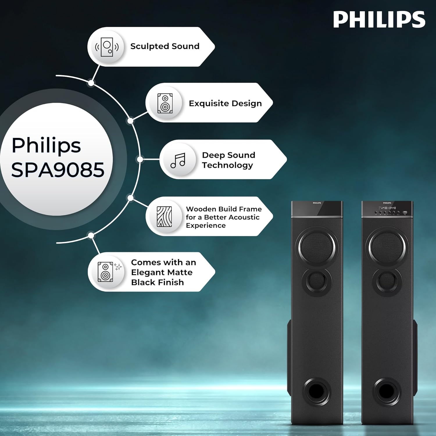 Philips Audio SPA9085 2.0CH 100W Multimedia Tower Speakers with Wireless Microphone – USB, AUX, FM, Mic Inputs & Thumping Bass for Karaoke (Black)