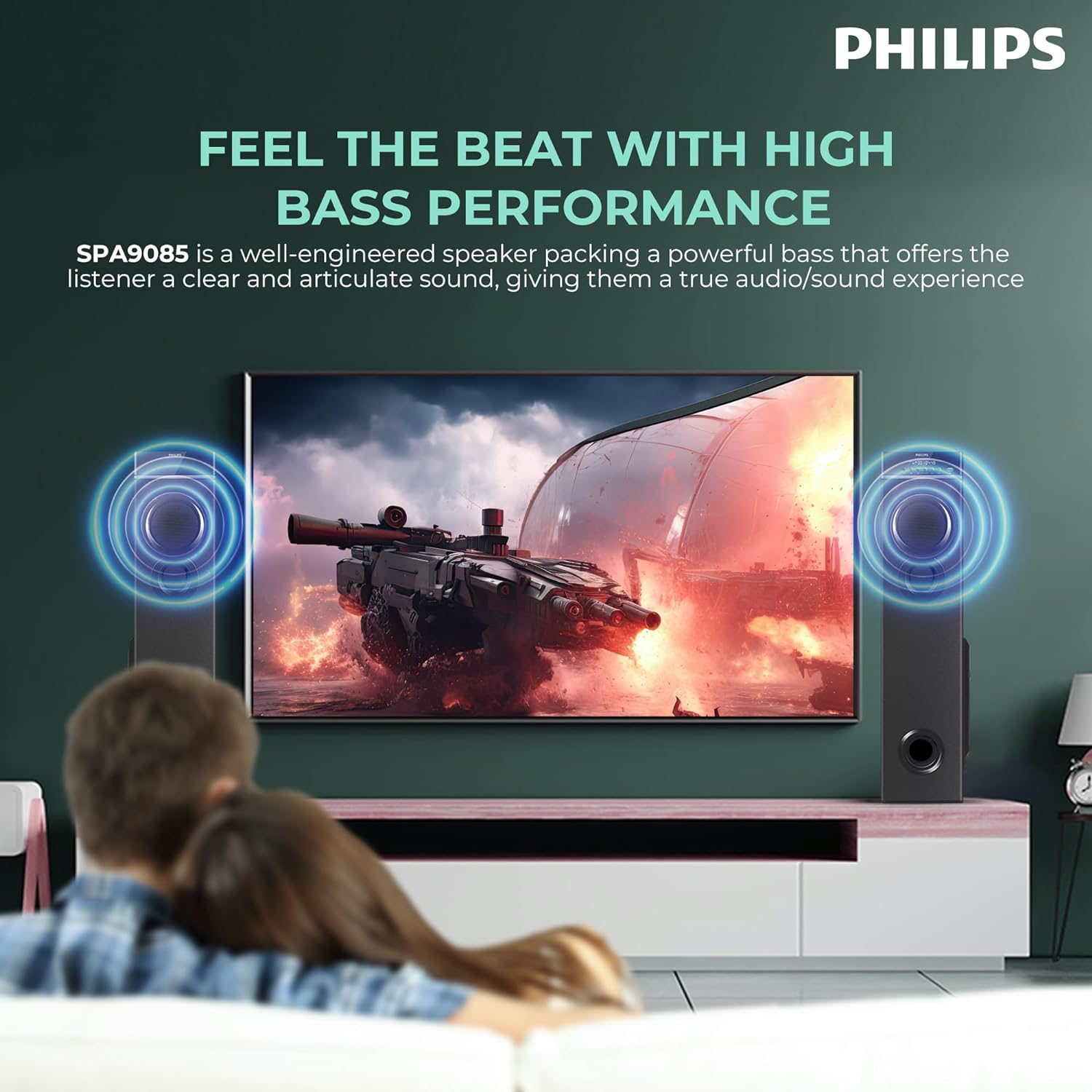 Philips Audio SPA9085 2.0CH 100W Multimedia Tower Speakers with Wireless Microphone – USB, AUX, FM, Mic Inputs & Thumping Bass for Karaoke (Black)