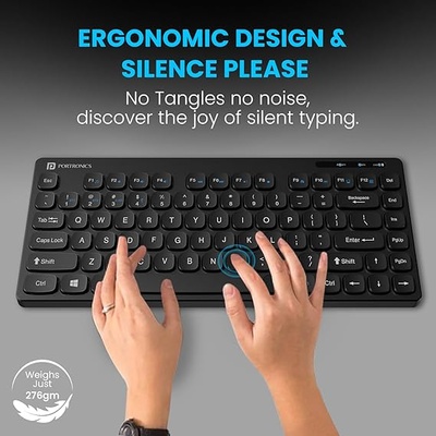 Portronics Bubble Multimedia Wireless Keyboard 2.4 GHz & Bluetooth 5.0 Connectivity, Noiseless Experience, Compact Size for iOS iPad Air, Pro, Mini, Android, Windows Tablets PC Smartphone(Black)