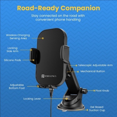 Portronics Charge Clamp 3 Wireless Car Charger with 15 Watts Fast Charging (Qi Compatible), Free Type-C Cable, 360° Rotation, for iPhone & Android Smartphones (Black)