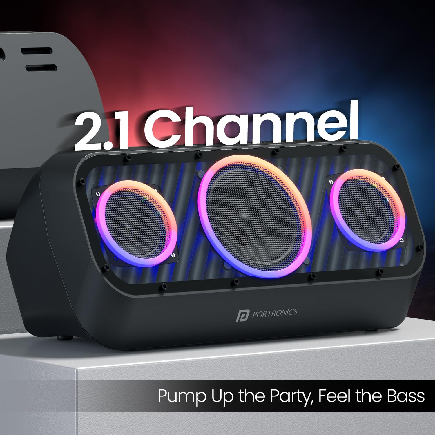 Portronics Microblast 60W Portable Party Speaker, Bass Boost, RGB Lights, 2.1 Channel, Bluetooth 5.3, USB, AUX, SD Card, Fast Charging