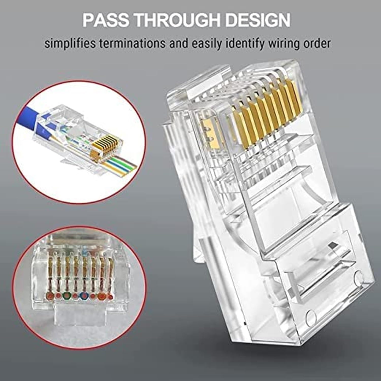 RJ45 Cat6 Pass-Through Ethernet Connectors - Compatible with Cat5, Cat5e, and Cat6 Cables, 8P8C Crimp Plugs for LAN and UTP Network