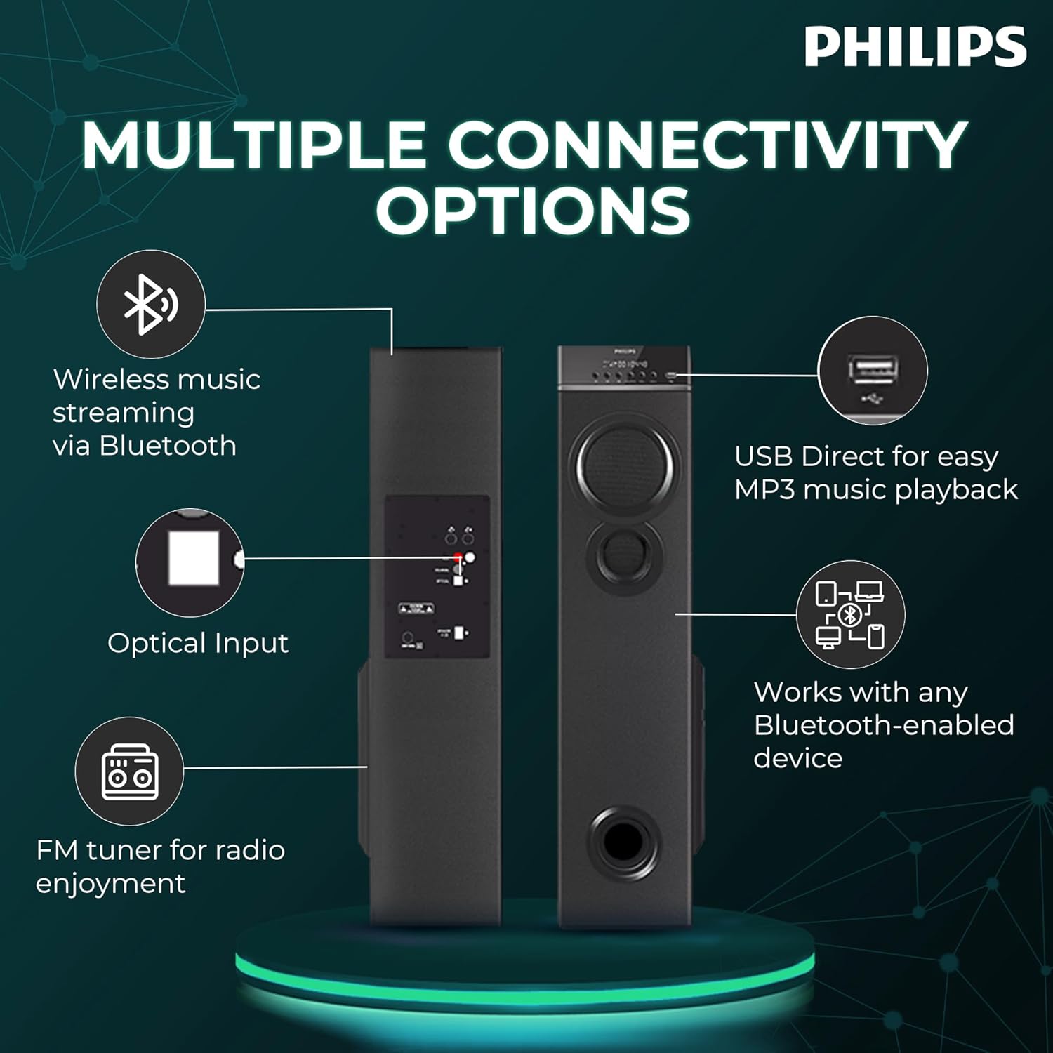 Philips Audio SPA9085 2.0CH 100W Multimedia Tower Speakers with Wireless Microphone – USB, AUX, FM, Mic Inputs & Thumping Bass for Karaoke (Black)