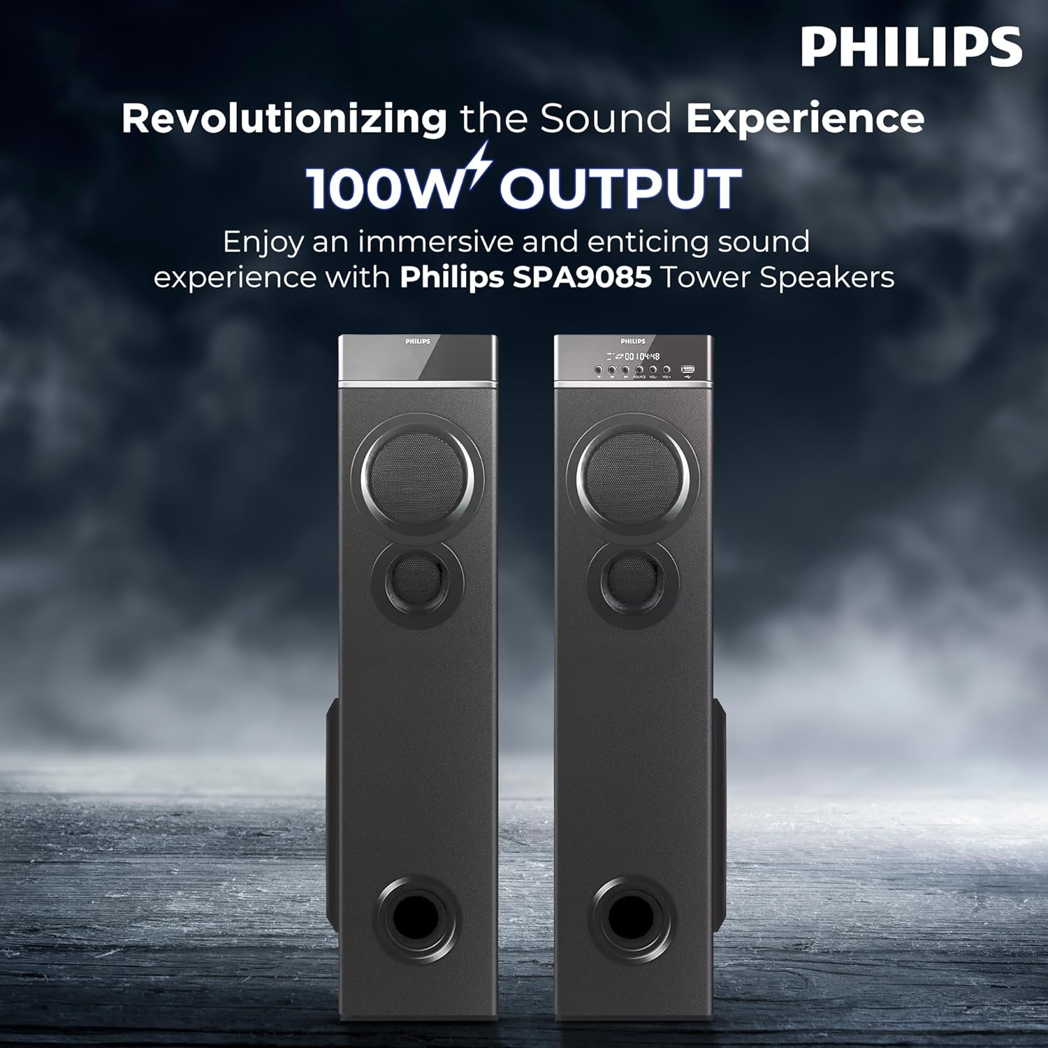 Philips Audio SPA9085 2.0CH 100W Multimedia Tower Speakers with Wireless Microphone – USB, AUX, FM, Mic Inputs & Thumping Bass for Karaoke (Black)