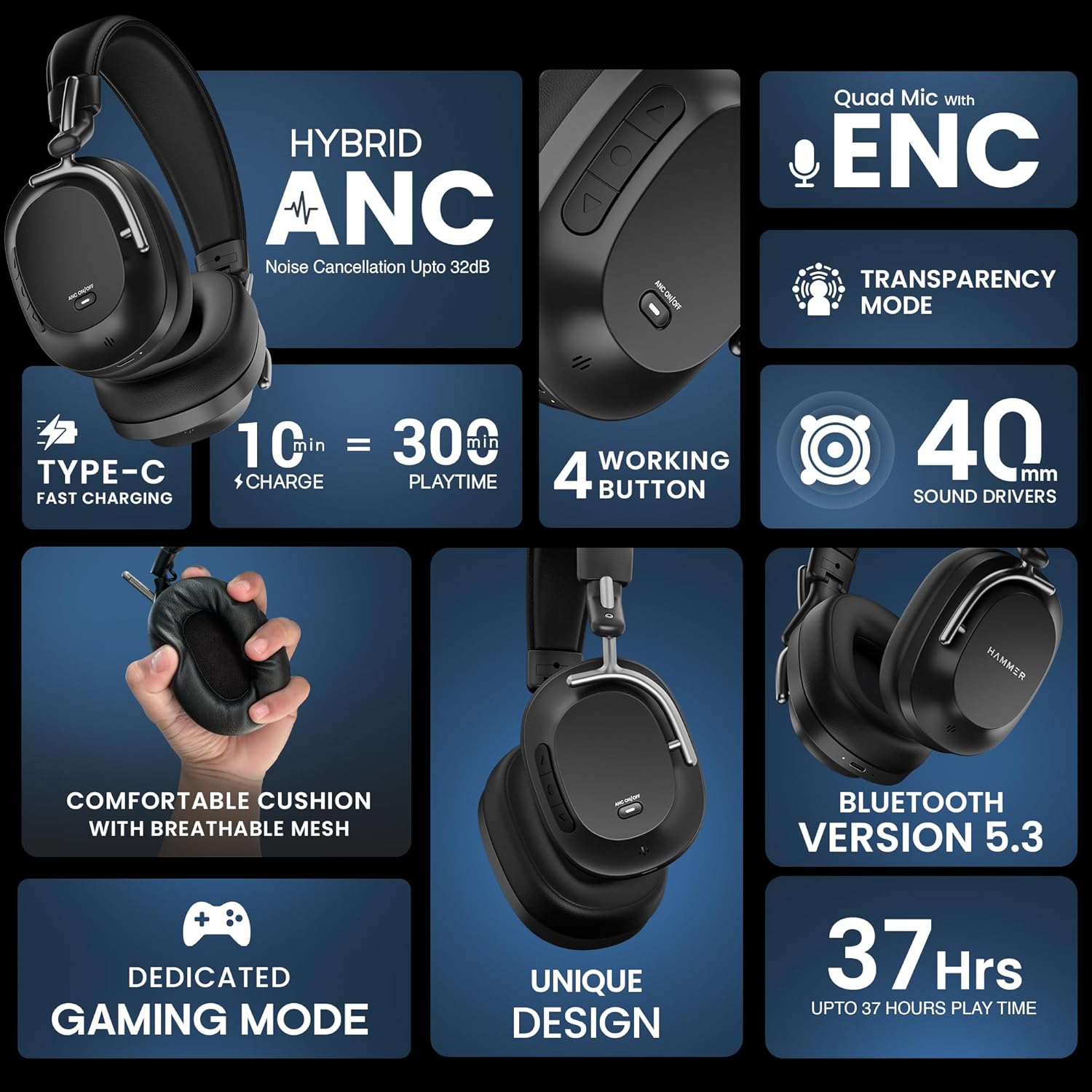 Hammer Bash Pro Wireless Headphones with 32db Hybrid ANC and Quad Mics for Clear Calling, 40mm Driver, 37Hrs Playtime, Super soft Cushion, 5.3 (Black )