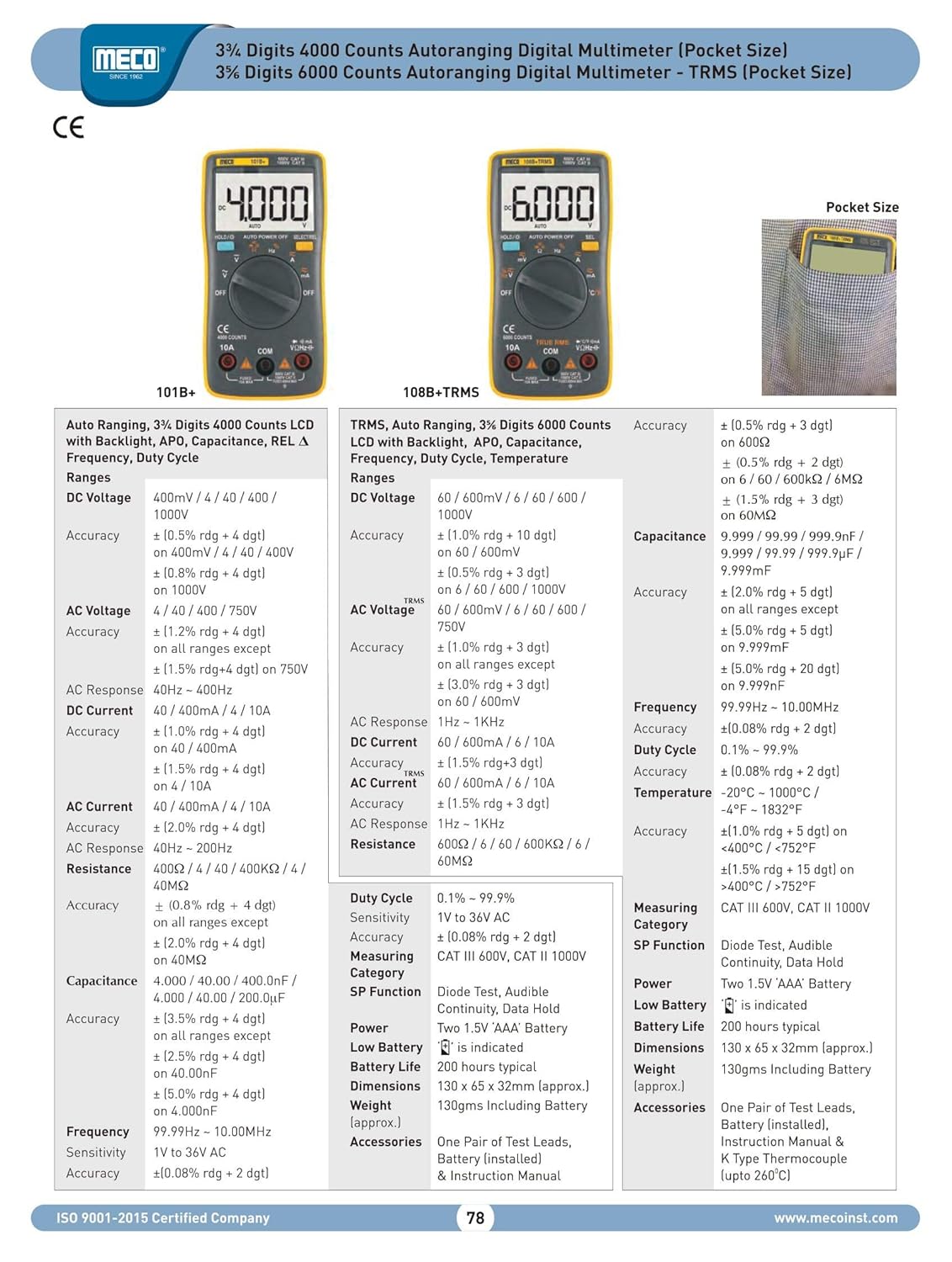 Meco 108B+ 3 ⅚ Digit / 6000 Count TRMS Autoranging Pocket Size Digital Multimeter with Backlight, K Type Thermocouple, Data Hold and APO functions