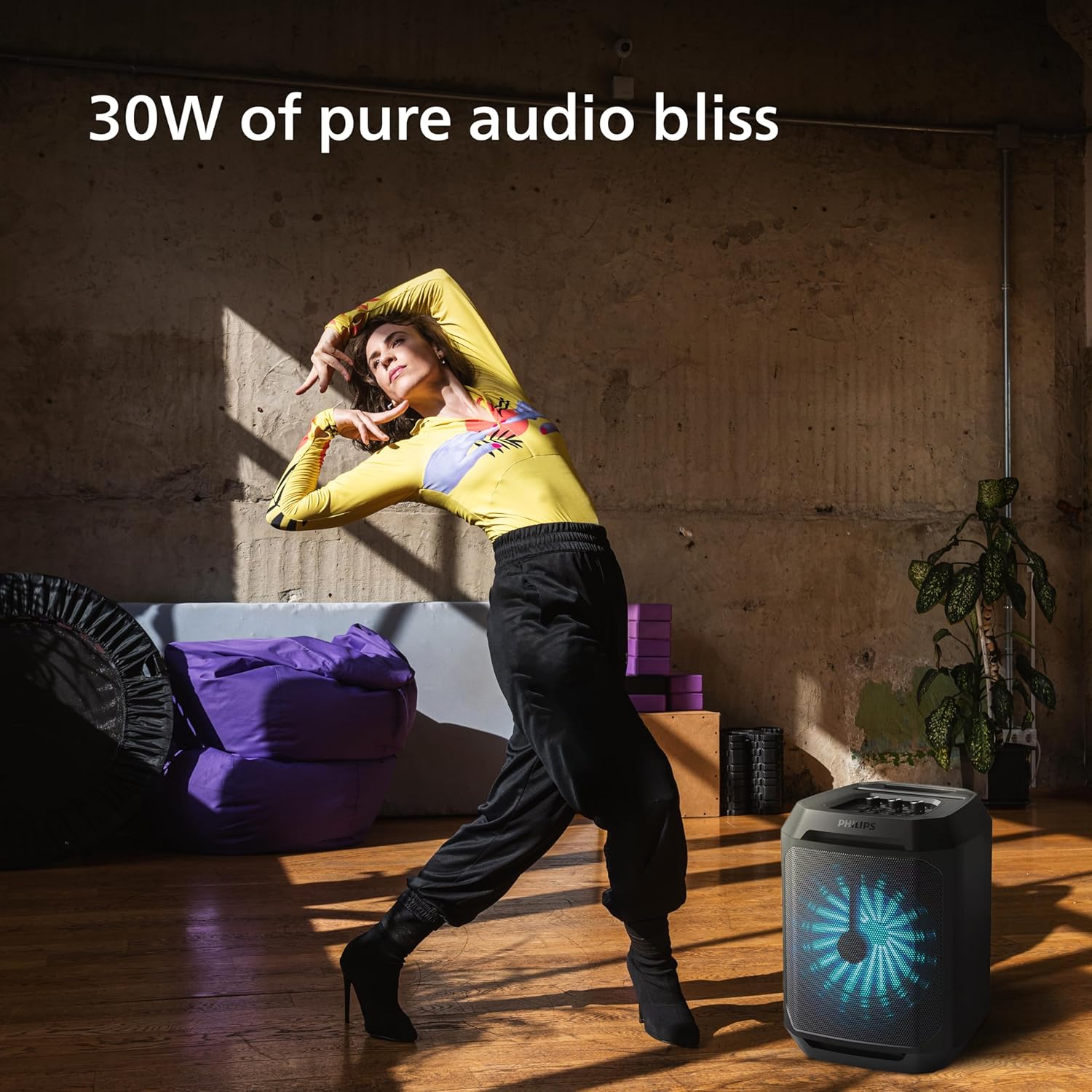 Philips New TAX2208 Bluetooth Party Speaker,30W Dynamic Bass Boost, 3000mAh Battery, Aux-in, Karaoke Mic Input, Wireless Pairing for Stereo Sound, Built-in Easy to Carry Handle, Dynamic Light Modes