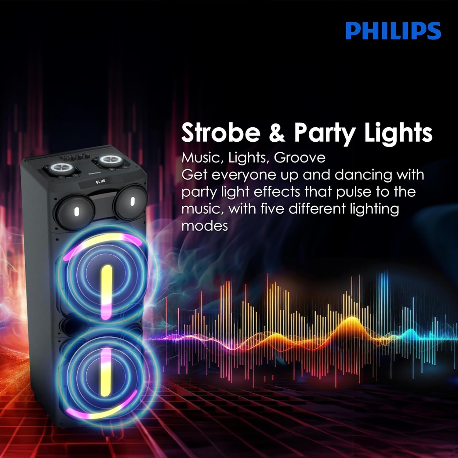 Philips TAX5708 Bluetooth Party Speaker – 400W Max Output, Dynamic Bass Boost, Karaoke, Guitar/Mic Support, Multipoint Connectivity, Party Lights, Handle with Wheels