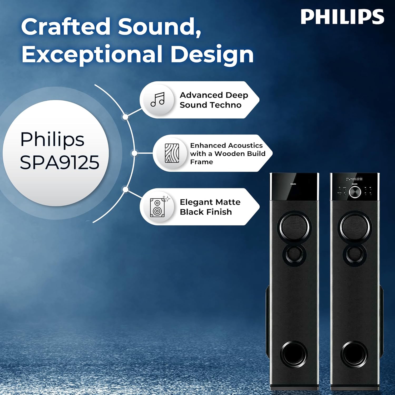 Philips Audio SPA9125 2.0CH 130W Multimedia Tower Speakers with Wireless Microphone – USB, AUX, FM, Mic Inputs & Powerful Bass for Karaoke (Black)