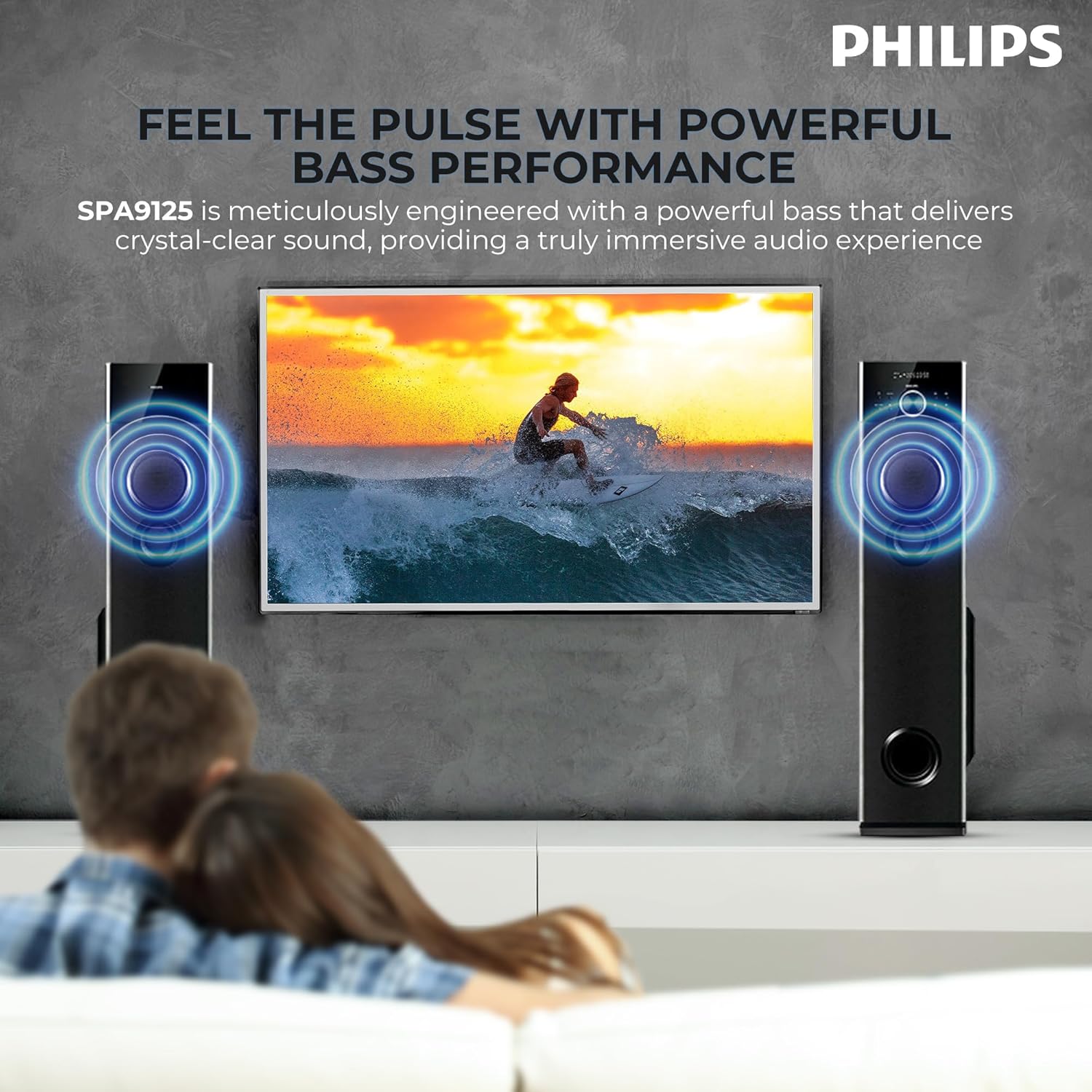 Philips Audio SPA9125 2.0CH 130W Multimedia Tower Speakers with Wireless Microphone – USB, AUX, FM, Mic Inputs & Powerful Bass for Karaoke (Black)