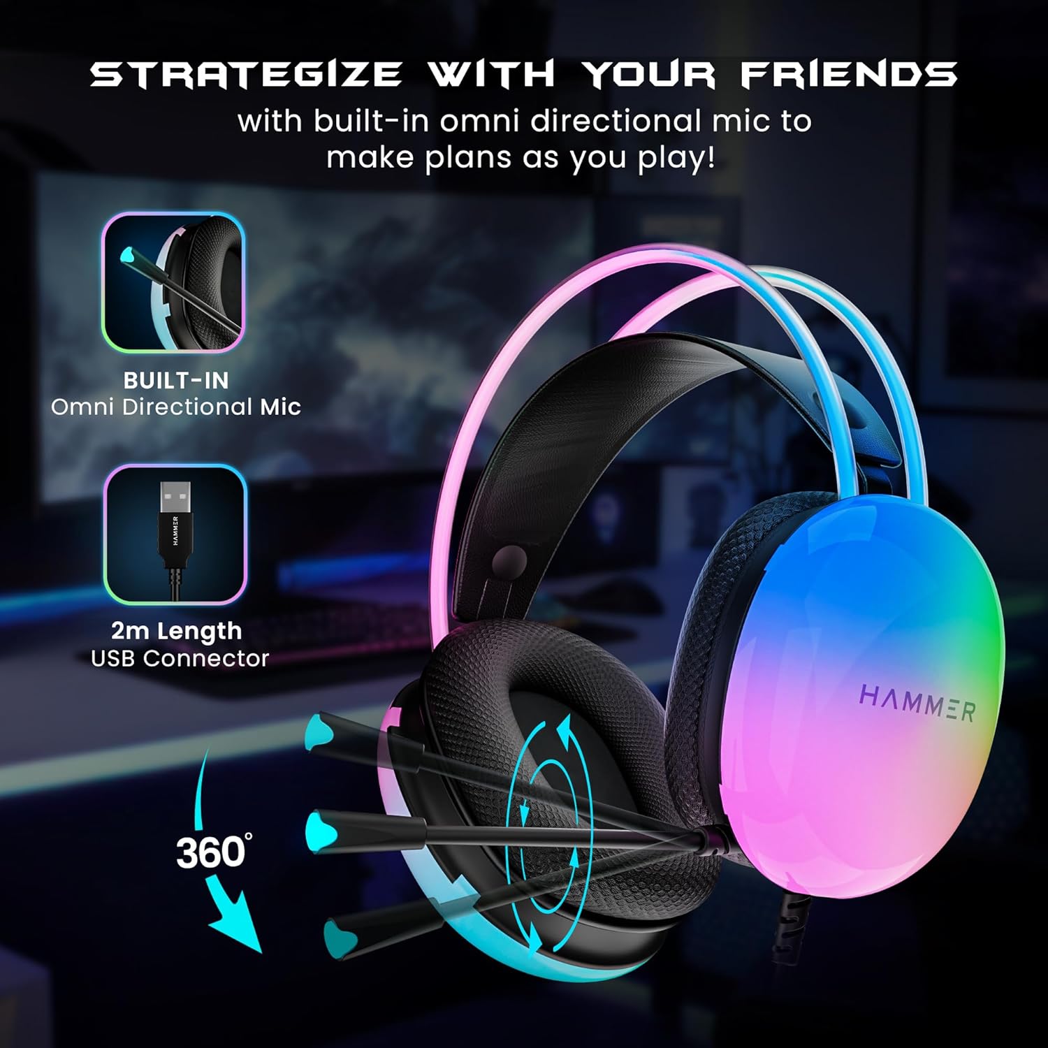 HAMMER Blaze Wired Over Ear Gaming Headphones with Mic, 50mm Drivers, Full RGB Lights, Gaming Headset with Adjustable Bands, Breathable earcushion, 1.5Mtr Wire with USB (Black)