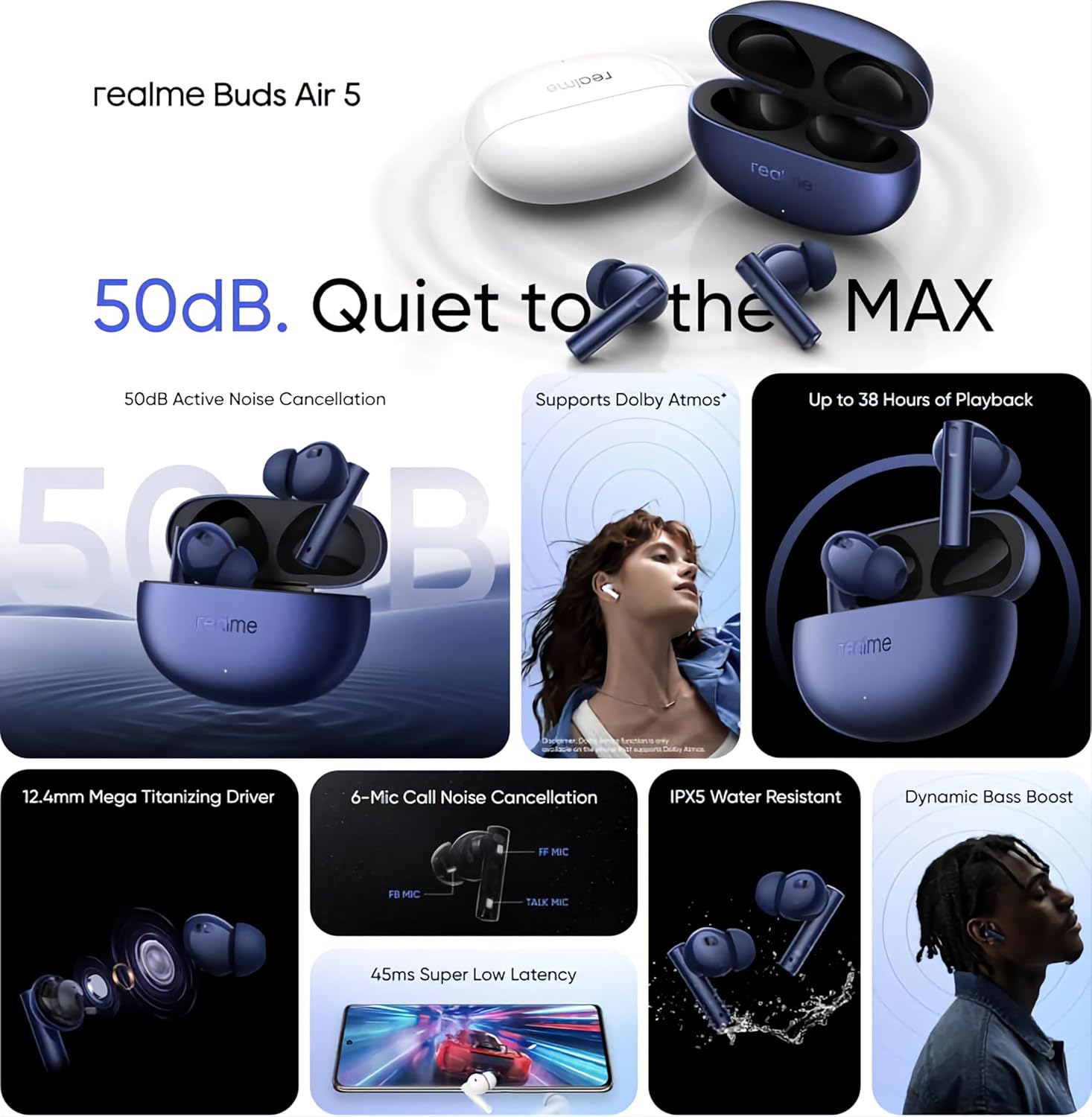 realme Buds Air 5 TWS Earbuds, 50dB ANC, 38Hrs Battery, 12.4mm Bass Driver, Fast Charge, 45ms Low Latency (Arctic White)