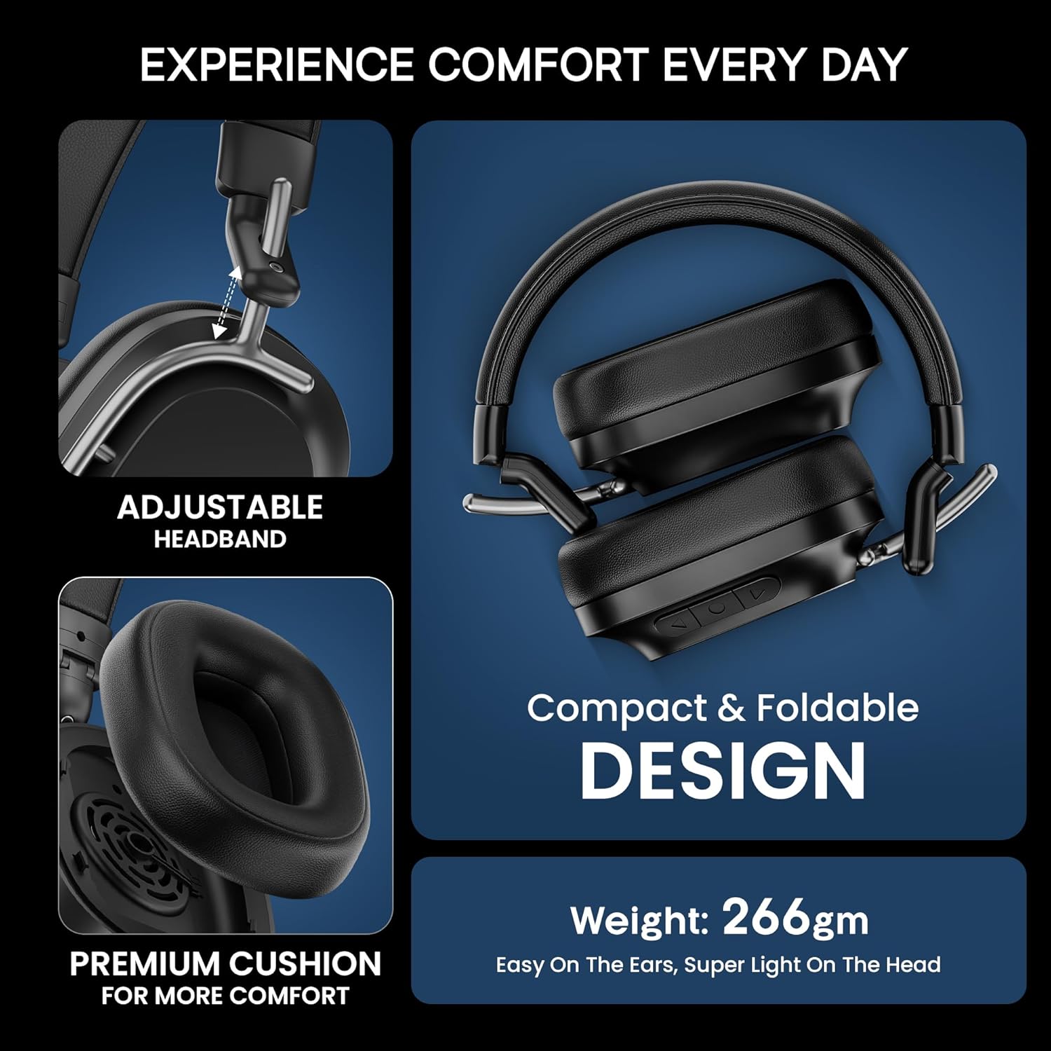 Hammer Bash Pro Wireless Headphones with 32db Hybrid ANC and Quad Mics for Clear Calling, 40mm Driver, 37Hrs Playtime, Super soft Cushion, 5.3 (Black )