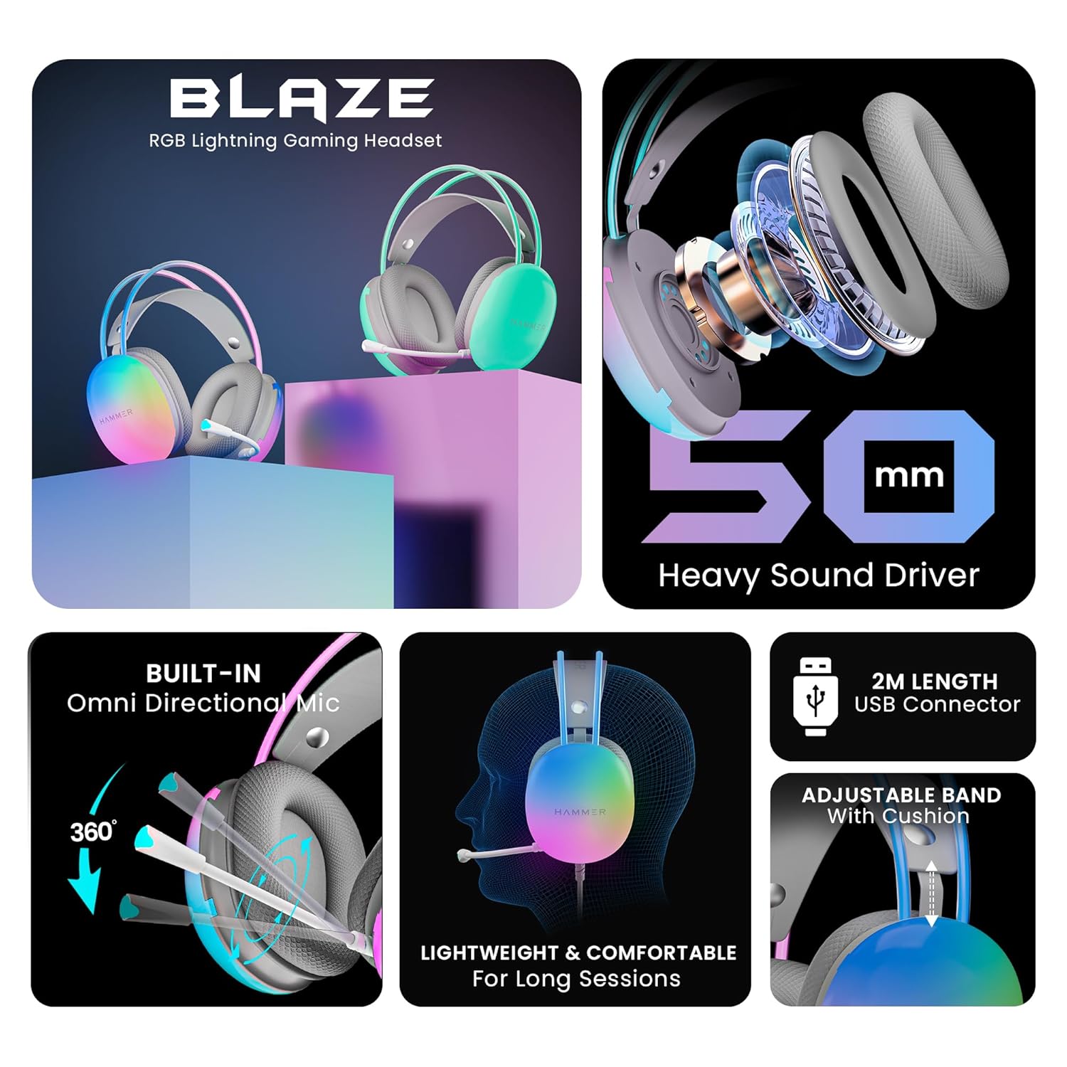 HAMMER Blaze Wired Over Ear Gaming Headphones with Mic, 50mm Drivers, Full RGB Lights, Gaming Headset with Adjustable Bands, Breathable earcushion, 1.5Mtr Wire with USB (Black)