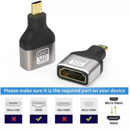 Micro HDMI Type-D (M) to 8k HDMI Type-A (F) Adapter, Bidirectional HDMI 2.1 Connector, Gold-Plated Plugs, Supports 8K@60Hz, 4K@120Hz, HDR, 3D, eARC for GoPro Hero 7/6, Sony A6000 Camera