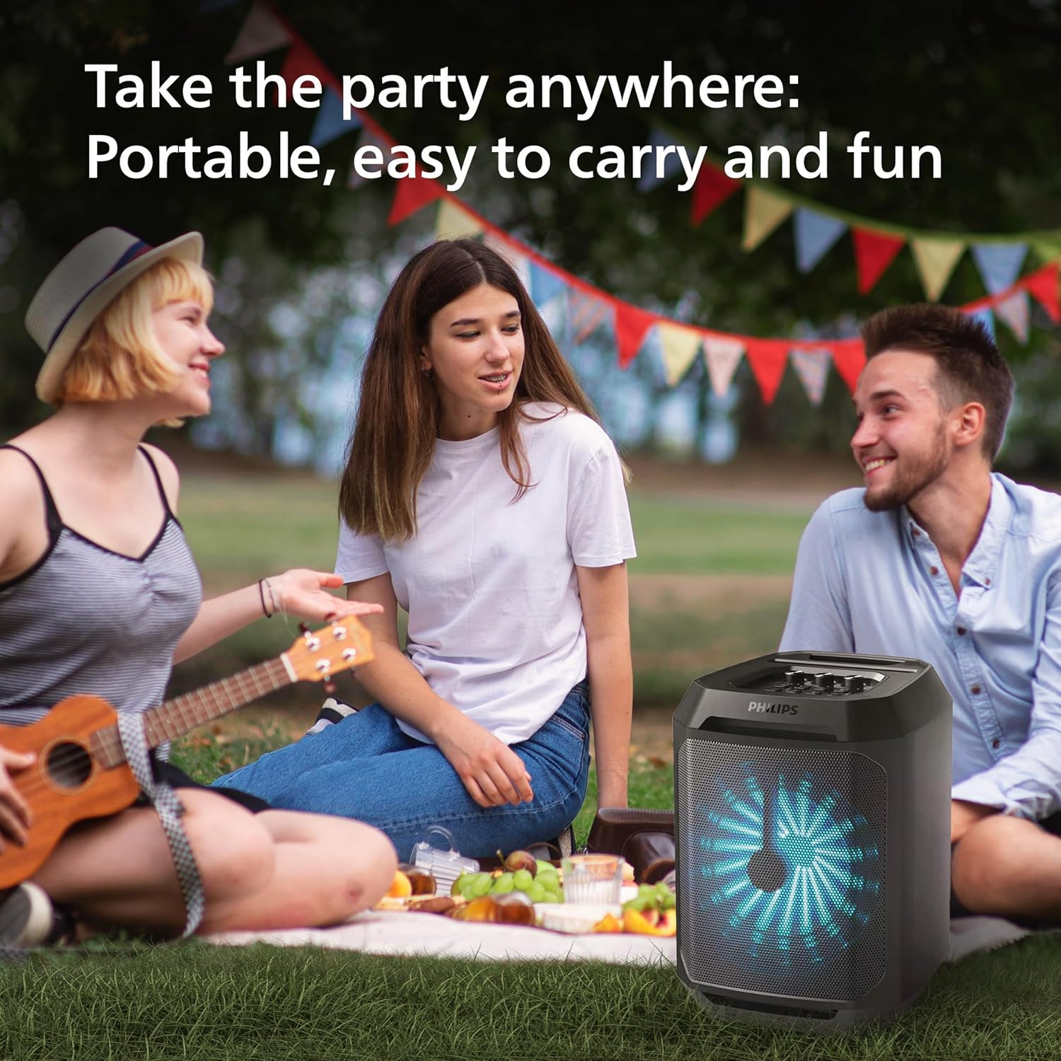 Philips New TAX2208 Bluetooth Party Speaker,30W Dynamic Bass Boost, 3000mAh Battery, Aux-in, Karaoke Mic Input, Wireless Pairing for Stereo Sound, Built-in Easy to Carry Handle, Dynamic Light Modes