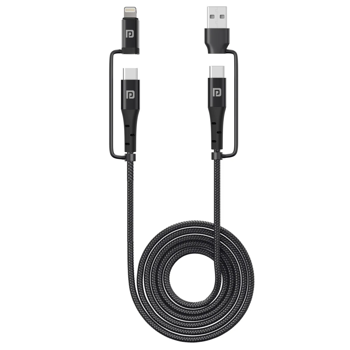 Portronics Konnect J8 3-in-1 (USB A + Type C to 8 Pin + Type C) Fast Charging Cable with 60W Max Output, Nylon Braided, For Android Smartphone, Ios And Type C Usb Devices, 1.2M Length(Black)