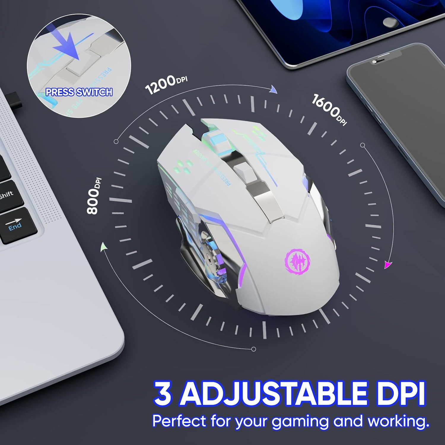 Wireless Gaming Mouse AD-WB-148, Bluetooth RGB Rechargeable, 2.4G USB, 7-Color Backlit, 6 Buttons and Silent Click for Laptop, PC, Mac