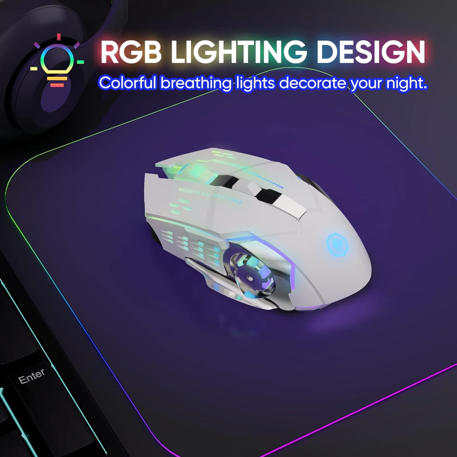 Wireless Gaming Mouse AD-WB-148, Bluetooth RGB Rechargeable, 2.4G USB, 7-Color Backlit, 6 Buttons and Silent Click for Laptop, PC, Mac