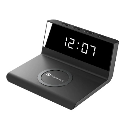 Portronics Freedom 4A a Desktop Wireless Mobile Charger with QC Adapter for Fast Charging and Alarm Clock (Black)