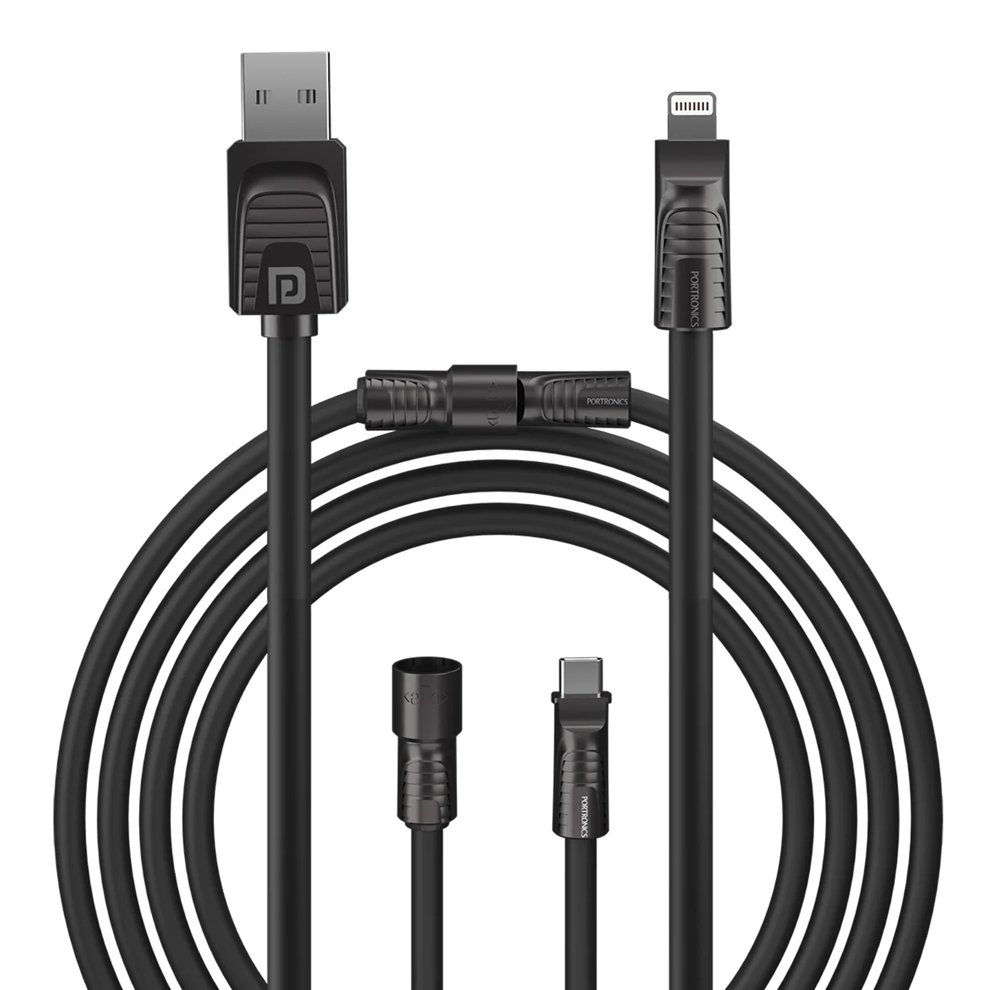 Portronics Konnect Tetra 60W 4 in 1 Multi Functional Fast Charging PD Cable with 1.4M Length, 480Mbps Data Sync, Compatible with All Type C Android Smartphone & Lightning Device(Black)