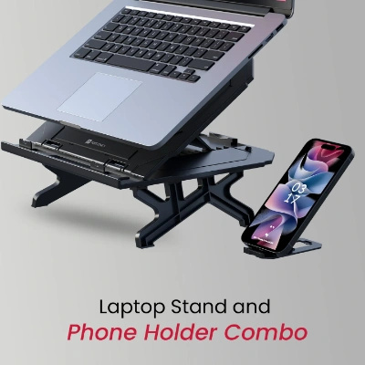 Portronics My Buddy Hexa 33 Laptop Stand with Phone Holder, Four Legs, Foldable Design, Improved Airflow & Posture Support for Upto 17 Inches Laptop & MacBook (Black)