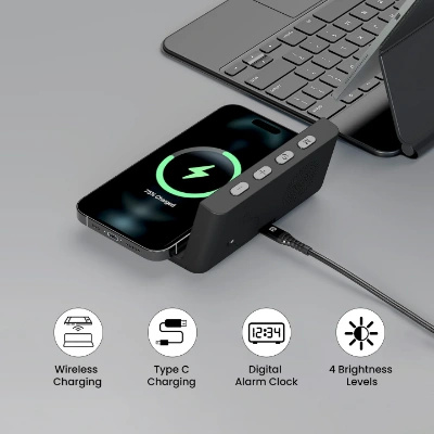 Portronics Freedom 4A a Desktop Wireless Mobile Charger with QC Adapter for Fast Charging and Alarm Clock (Black)