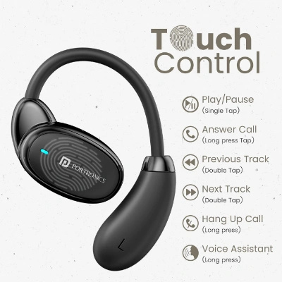 Portronics Harmonics Twins 31 Over Ear OWS Smart Wireless Earbuds with HD Mic, Secure & Flexible Earhook, Touch Control, 24 Hrs Playtime, Music/Gaming Mode, BT 5.4V, Light Weight