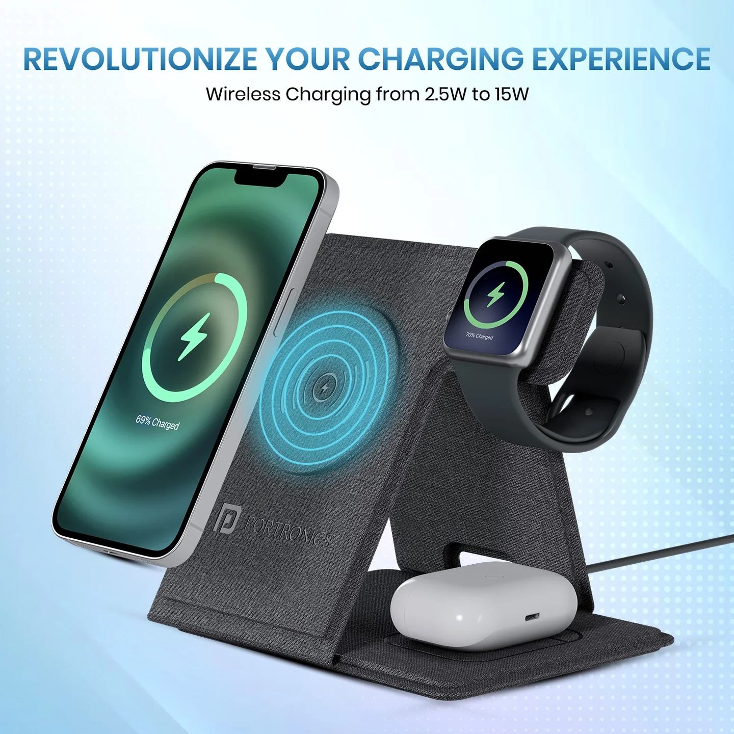 Portronics Freedom Fold 3 - 15W Foldable MagSafe Wireless Charger for iPhone, Apple Watch & AirPods