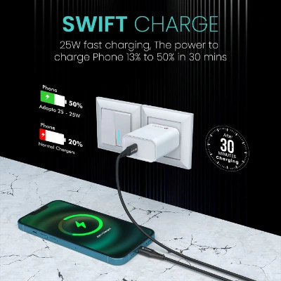 ortronics Adapto 25 25W Super Fast Type C PD Wall Charger for iPhone 15/14/13/12/11 All Pro,Max Series, Samsung Galaxy S/A/M/F Series & Other Type C Devices, PPS Protection,Fast Charging Adaptor