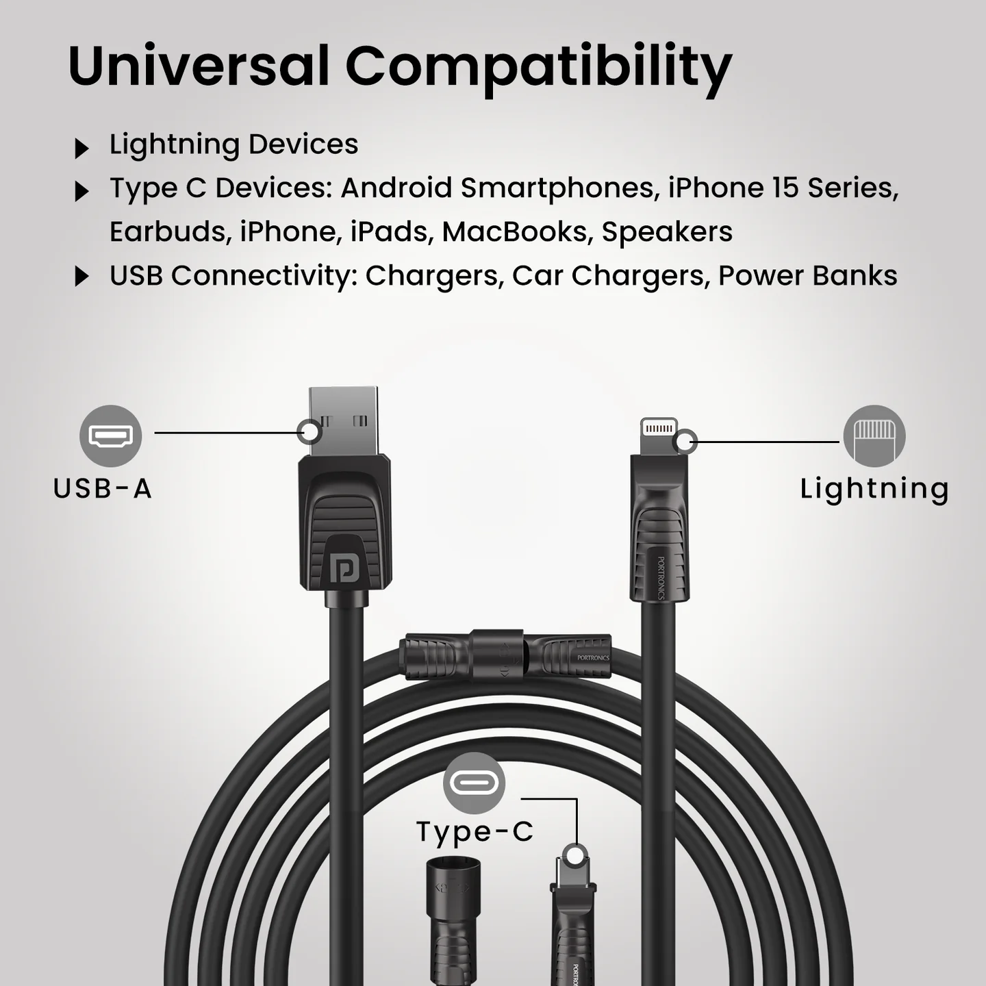 Portronics Konnect Tetra 60W 4 in 1 Multi Functional Fast Charging PD Cable with 1.4M Length, 480Mbps Data Sync, Compatible with All Type C Android Smartphone & Lightning Device(Black)