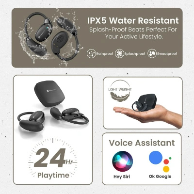 Portronics Harmonics Twins 31 Over Ear OWS Smart Wireless Earbuds with HD Mic, Secure & Flexible Earhook, Touch Control, 24 Hrs Playtime, Music/Gaming Mode, BT 5.4V, Light Weight