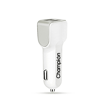 Champion Dual Port USB Fast Car Charger 3A For All Android And Apple Phone (White)