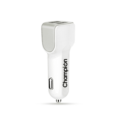 Champion Dual Port USB Fast Car Charger 3A For All Android And Apple Phone (White)