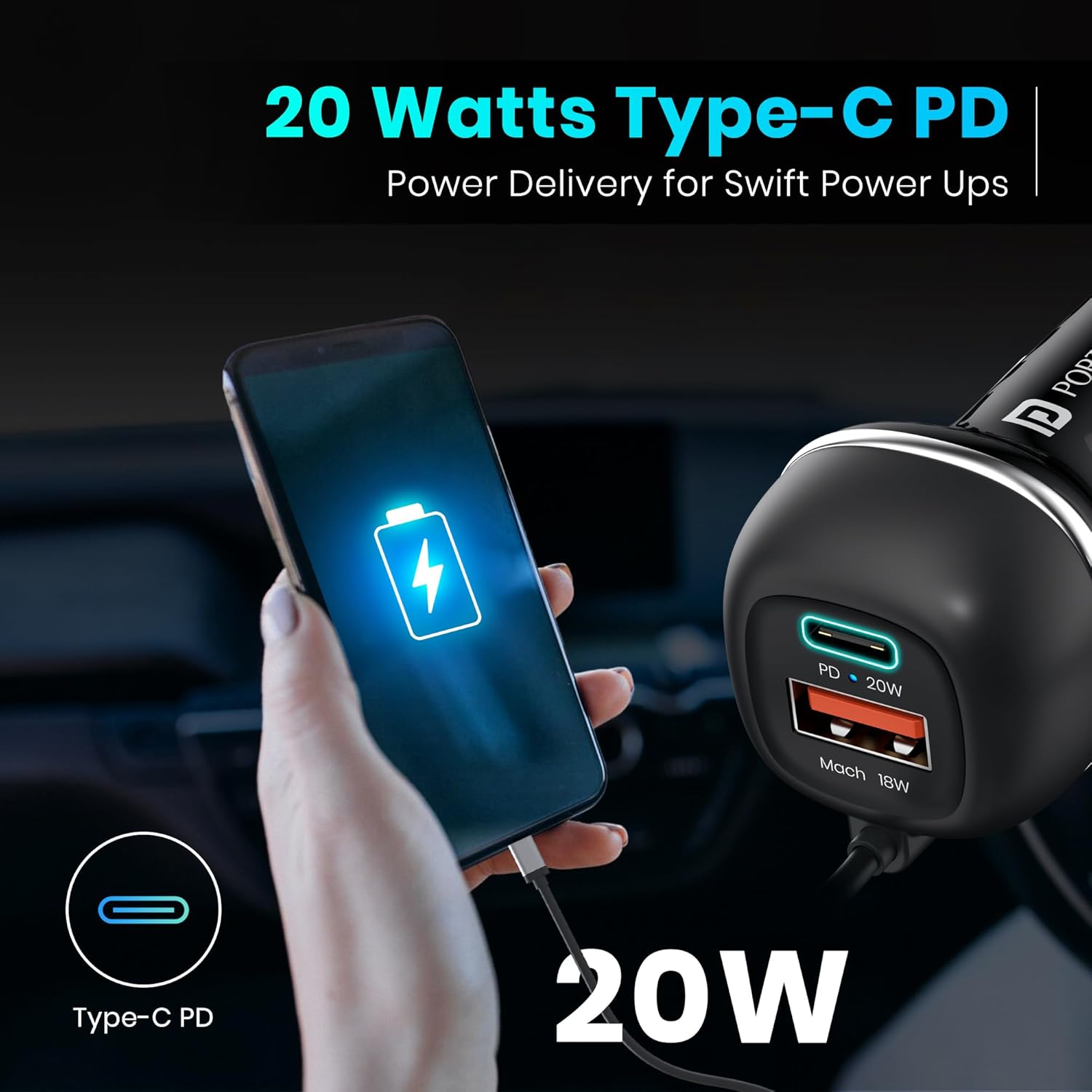 Portronics 71W Car Power 1C Triple Output Fast Car Charger with 33W Type-C Cable, 20W Type-C PD, 18W USB Port, Fast Charging Adapter Compatible with Cars for iPhone & Android Smartphone (Black)