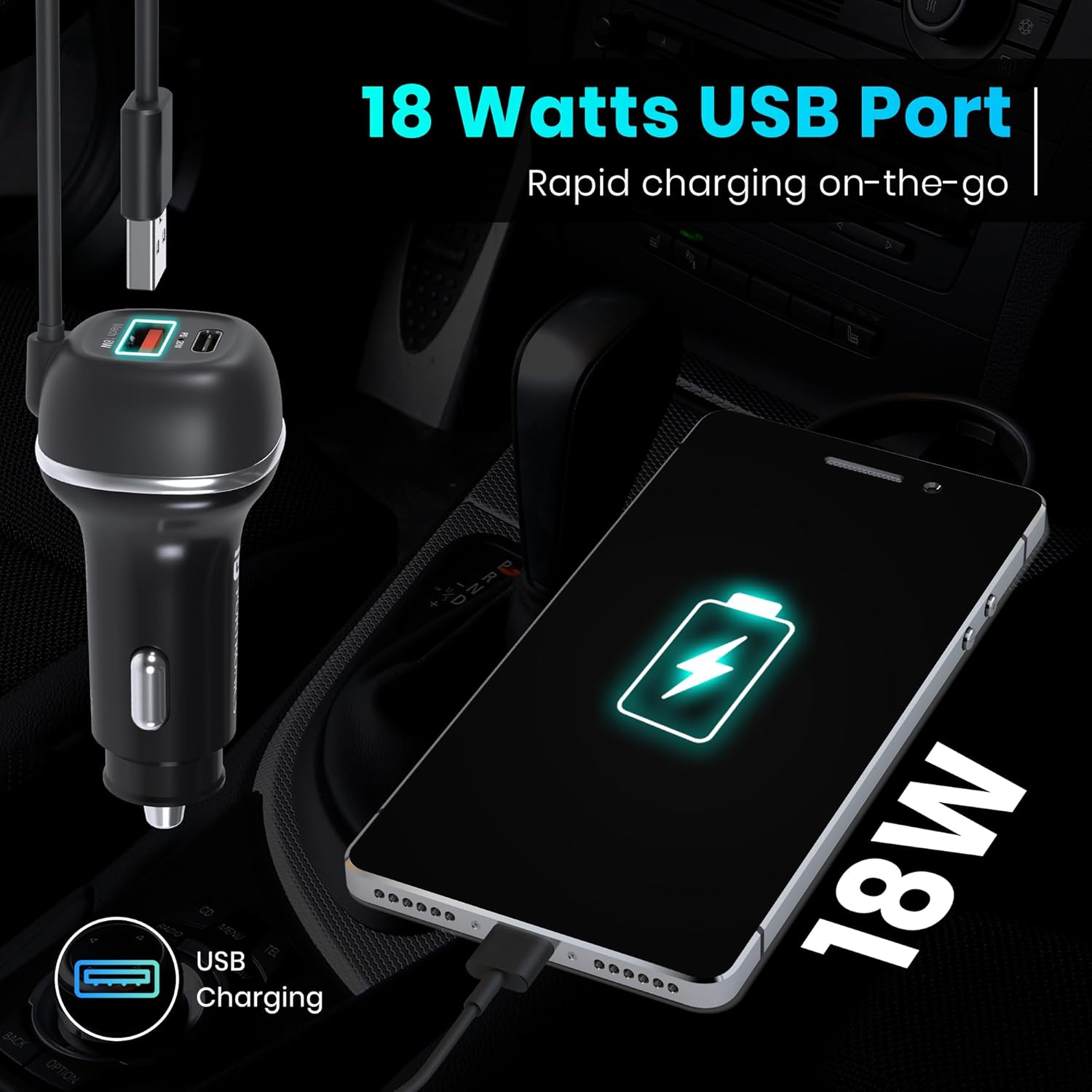 Portronics 71W Car Power 1C Triple Output Fast Car Charger with 33W Type-C Cable, 20W Type-C PD, 18W USB Port, Fast Charging Adapter Compatible with Cars for iPhone & Android Smartphone (Black)