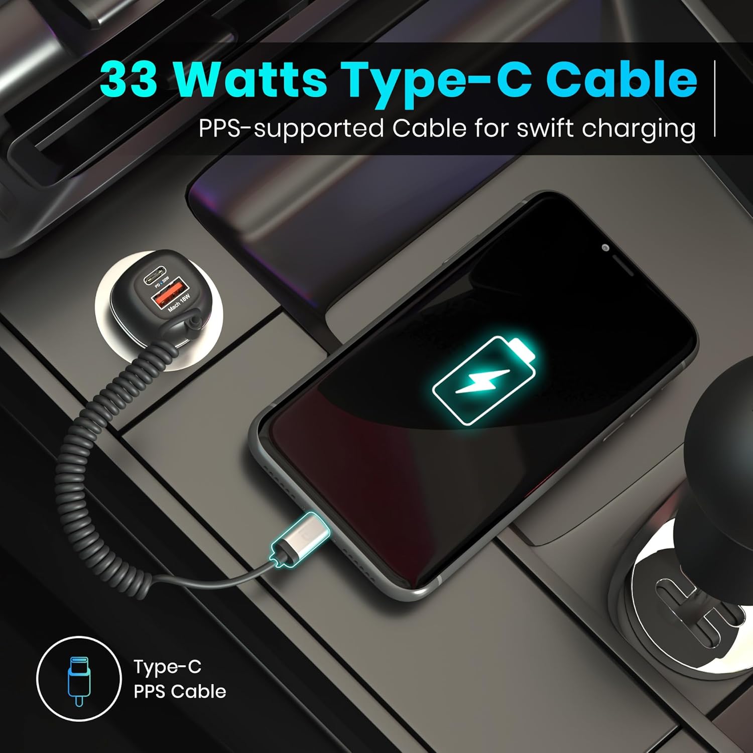 Portronics 71W Car Power 1C Triple Output Fast Car Charger with 33W Type-C Cable, 20W Type-C PD, 18W USB Port, Fast Charging Adapter Compatible with Cars for iPhone & Android Smartphone (Black)